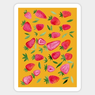 Watercolors strawberries - red and green on ochre Sticker